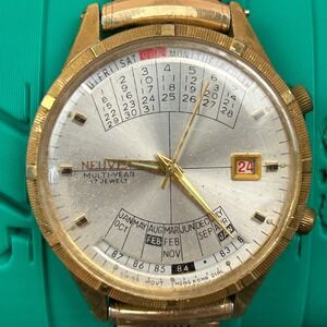 Neuvox Multi Year 17 Jewels Swiss Movt Calendar Watch Gold Tone Speidel Band P/R